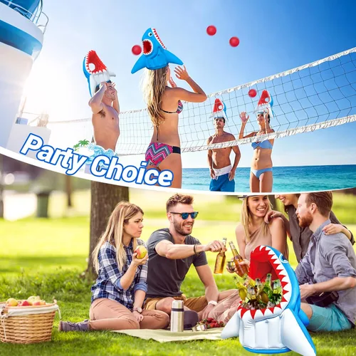Miniatura 6 de Juguetes inflables de tiburón, juegos de piscina 3 en 1 de tiburón, baloncesto y fútbol y aro de cabeza, juguetes de piscina al aire libre, verano