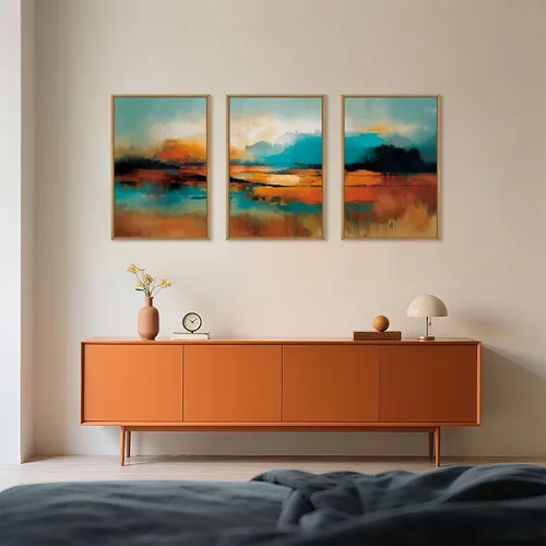 Miniatura 3 de Lienzo decorativo abstracto grande con marco naranja quemado, decoración de pared azul neutro y negro, arte moderno con pinceladas, impresión