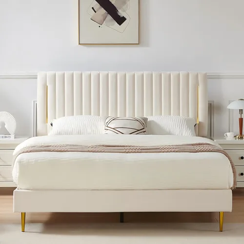Miniatura 15 de Furnify Armazón de Cama de Plataforma Twin, Marco de Cama Tapizado en Terciopelo con Cabecera Ajustable de Canal Vertical, Ribete de Enchapado