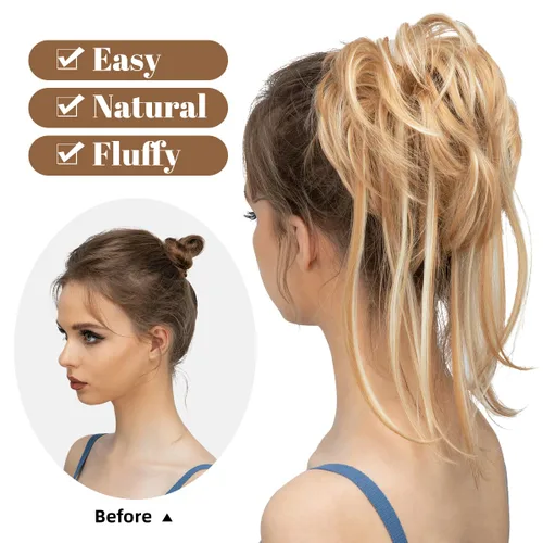 Miniatura 2 de CJL HAIR - Extensión de cabello tipo coletero de chongo desordenado, rizado, sintético, con colas rectas, para peinados de mujeres, rubio L-rubio