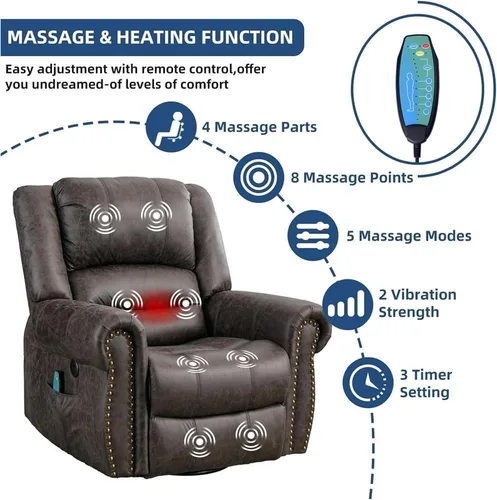 Miniatura 2 de Power Recliner with Heat and Massage – Swivel Rocking Recliner Chair, USB Charging Ports, Side Storage Pockets, Manual Recline Option for Living