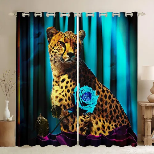 Miniatura 17 de Erosebridal Cortinas de Rosas Rojas 3D Tratamientos para Ventanas de Guepardo, Paneles de Cortinas con Estampado de Gato Leopardo para Sala