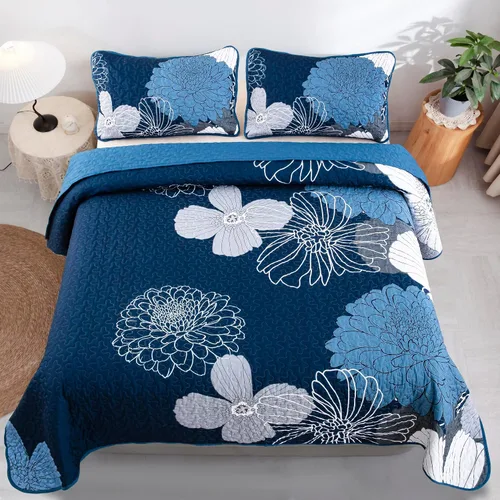 Miniatura 3 de Juego de edredón de 3 piezas con patrón floral azul marino, tamaño Queen, juego de ropa de cama reversible de microfibra con patrón de flores