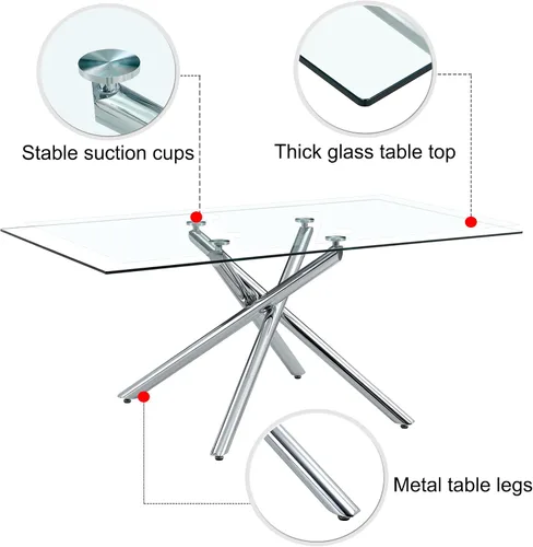Miniatura 4 de Ebullient Juego de mesa de comedor de cristal de 63 pulgadas para 6 mesas de comedor modernas con parte superior de vidrio templado con 6 sillas