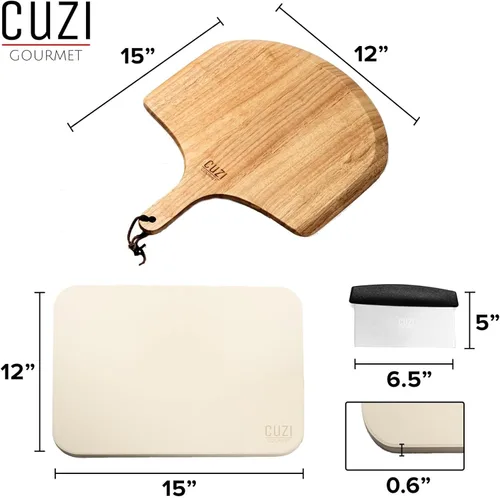 Miniatura 2 de Juego de piedra para pizza de 3 piezas - Piedra para pizza de cordierita resistente a golpes térmicos de 15x12", pala para pizza de madera natural