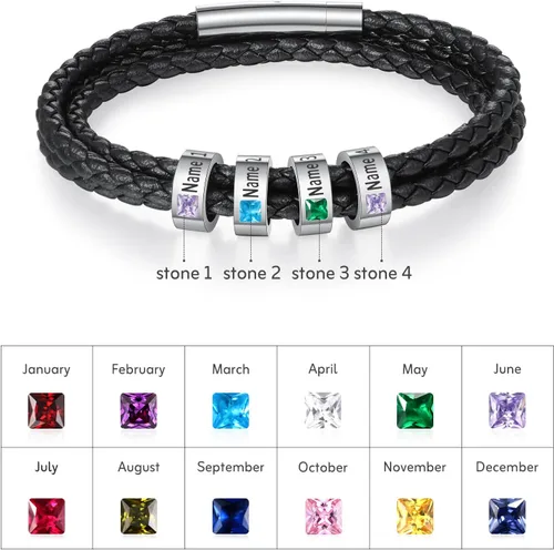 Miniatura 43 de Pulsera personalizada para el Día del Padre para hombre, pulseras personalizadas de cuero trenzado negro con cuentas grabadas de 1 a 8 nombres
