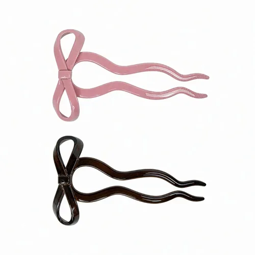 2 horquillas para el cabello francés vintage, en forma de U, para mujer, con lazo grande rosa y negro, palillos de pelo de punta larga, accesorios