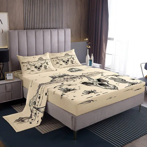 jejeloiu Cow Skull Bed Sheets Set Twin Size Kids Longhorn Skull 3 Pieces Sheet with 16 Inch Deep Pockets for Boys Girls Teens Western Desert Bedding