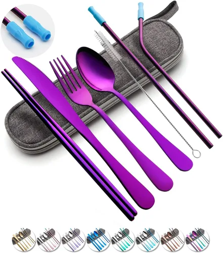 Juego de utensilios de viaje con estuche, juego de cubiertos portátiles reutilizables de acero inoxidable, 8 piezas, incluyendo cuchillo de cena,