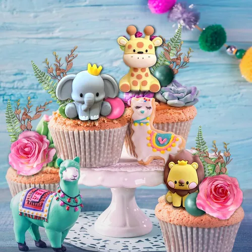 Miniatura 4 de 22 adornos de animales de selva de safari para tartas, bolas de flores, decoración de tartas con hojas de palmeras bohemias, juguetes de animales