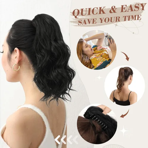 Miniatura 5 de BARSDAR Extensiones de cola de caballo con clip de garra, extensiones de cabello corto ondulado negro de 14 pulgadas para mujer, extensiones