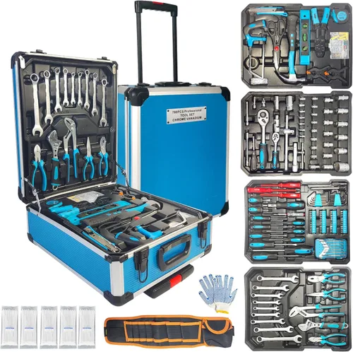 Miniatura 7 de Arcwares Juego de herramientas de 799 piezas con maletín de aluminio en plata, juego de reparación para el hogar, juego de herramientas manuales Azul