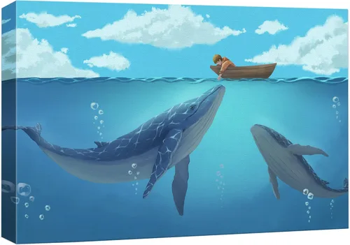 Estilo de Dibujo a Mano Niño Místico en el Barco en el Océano con Ballenas Azules, Galería 16x24 pulgadas Ballena - 02