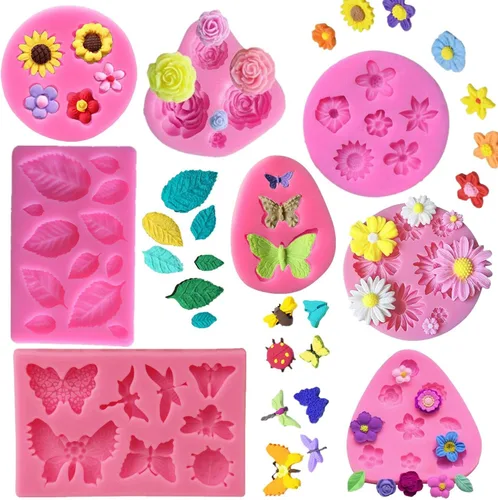 Juego de moldes de silicona para tartas, 8 unidades, diseño de margaritas y hojas de rosa y mini flores, caramelo de fondant para chocolate,