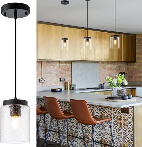 Miniatura 2 de Paquete de 3 lámparas colgantes de vidrio semillado, iluminación colgante negra, moderna, mini iluminación colgante, cable ajustable para cocina