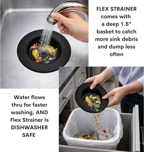 Miniatura 4 de Flex Strainer® Colador de drenaje de fregadero con tapón opcional, sin vástago central, se adapta a desagües y desechos de fregadero estándar de 3½