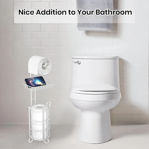 Miniatura 6 de Soporte de rollo de papel higiénico para baño, soporte de papel higiénico de pie con estante de almacenamiento central, reserva de mega E-plata