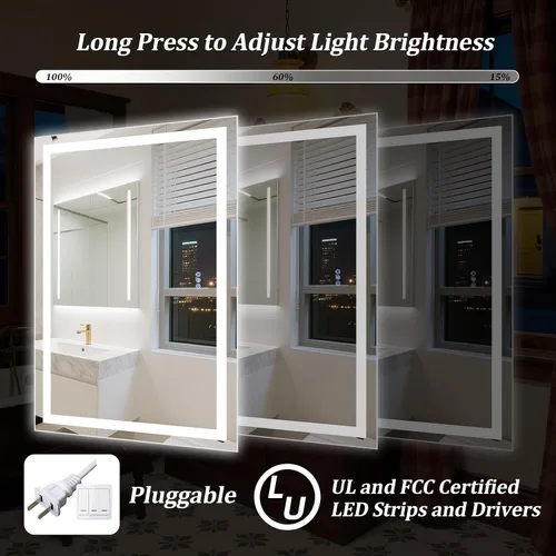 Miniatura 4 de Espejo de baño LED con luces, espejos de pared de 36 x 24 pulgadas con antiempañamiento, regulable, retroiluminado + luz frontal, 3 modos