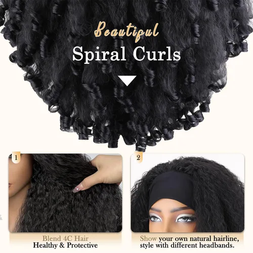 Miniatura 4 de SOKU Nueva peluca rizada afro con diadema, textura de cabello sintético trenzado con rizos únicos en el extremo, negro de 20 pulgadas, pelucas