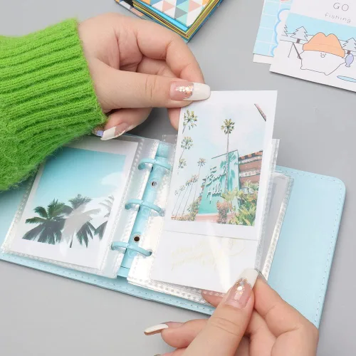 Miniatura 3 de Mini álbum de fotos, soporte para tarjetas de fotos azules, tarjetas fotográficas Kpop de piel sintética de 3 anillos, álbum de películas de fotos