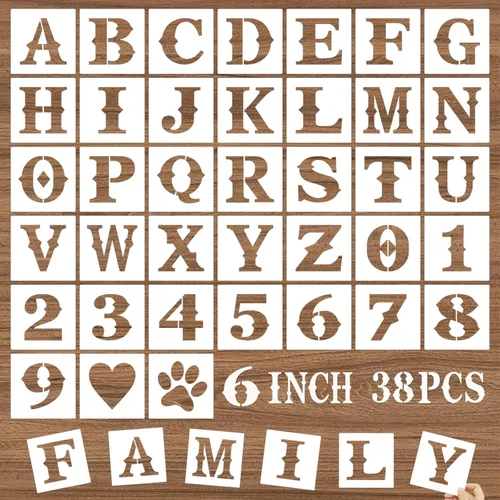 Plantillas de letras y números de 6 pulgadas, 38 plantillas de manualidades del alfabeto, plantillas de dibujo de plástico reutilizables para pintar
