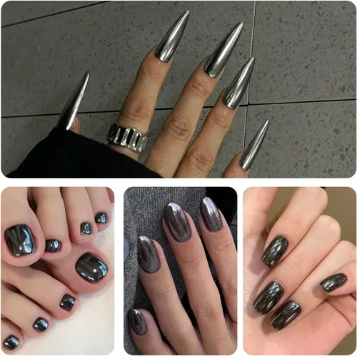 Miniatura 6 de Polvo de uñas cromado negro, 2 piezas de efecto espejo metálico negro para uñas, polvo extrafino con purpurina oscura, polvo para frotar, polvo