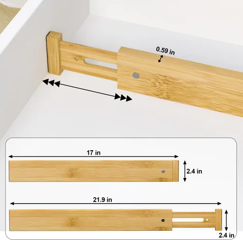 Miniatura 7 de Divisor de cajones de cocina de bambú, 4 unidades, 17-22 pulgadas, organizador de cajones ajustable para baño, dormitorio, natural, 2.4 pulgadas