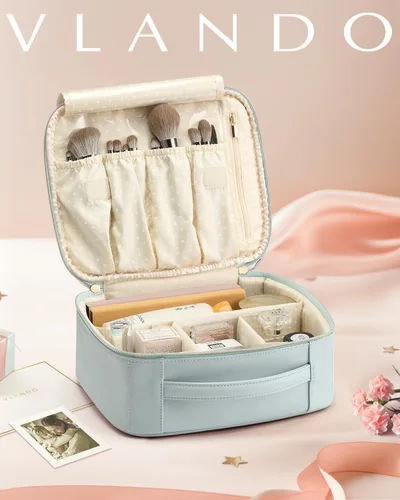 Miniatura 8 de Bolsa de Maquillaje Vlando, Bolsas de Maquillaje de Viaje, Bolsa Grande Portátil de Maquillaje Organizadora con Divisores y Asa, Regalos para A.Azul