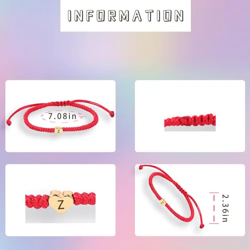 Miniatura 2 de Pulsera de inicial, pulsera dorada con dije de corazón y amor, pulsera con inicial roja de la A a la Z, pulseras de cuerda ajustable hechas a mano