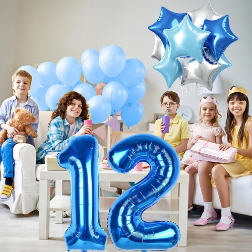 Miniatura 4 de Globos con números grandes azul oscuro real 12, 40 pulgadas autoinflables, helio azul bebé claro 12 globos de decoración, globo de aluminio Mylar