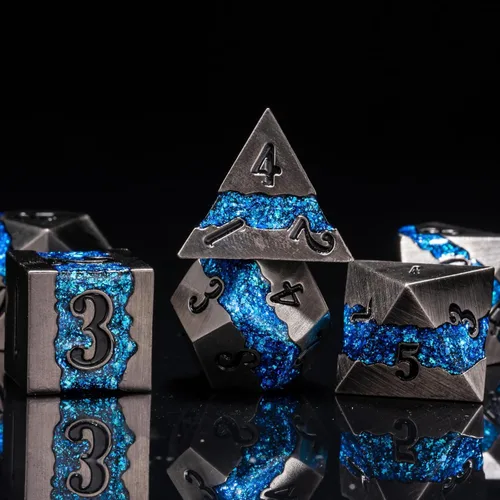 Miniatura 3 de Dados poliédricos DND de metal, juego de dados metálicos con purpurina a rayas grandes, juego de 7 dados plateados antiguos para juegos de rol