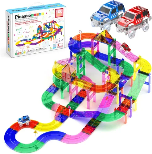 PicassoTiles Juego de construcción de pista de carreras de 100 piezas magnéticas con coches LED, carreteras ajustables y señales, kit de juguete de