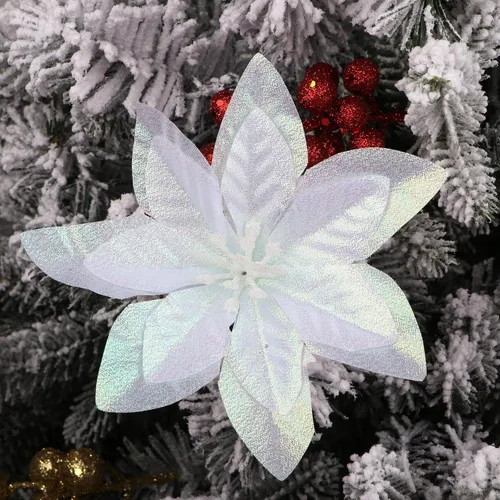 Miniatura 4 de YYCRAFT 12 flores artificiales de seda brillante con purpurina para decoración de árbol de Navidad (plata, 8 pulgadas)