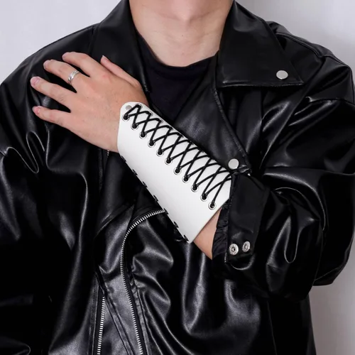 Miniatura 22 de MILAKOO 2 unids hombre negro cuero ancho guantelete pulsera de sujeción brazo armadura brazalete ajustable