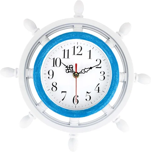 Reloj de pared de rueda de envíos, colores azul y blanco costero, para decoración del hogar, tema náutico, playa o mar, silencioso, movimiento de