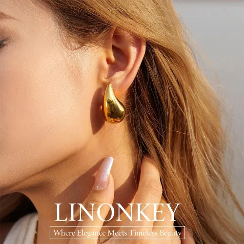 Miniatura 3 de LINONKEY Juego de 3 pares de aretes de oro con forma de lágrima para mujer, grandes, medianos, pequeños, gruesos, hipoalergénicos, chapados en oro