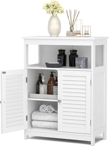 Miniatura 11 de GLACER Gabinete de suelo de baño, armario de almacenamiento de madera con puertas dobles con persiana y estante ajustable de 3 posiciones