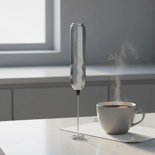 Miniatura 7 de Espumador de leche de mano, mezclador de bebidas rápido y potente funciona con pilas con batidor de acero inoxidable para café (plateado con soporte)