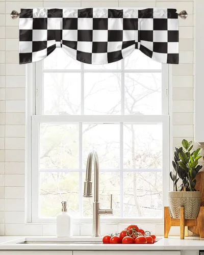 Miniatura 4 de Cortinas modernas de mosaico en blanco y negro para sala de estar, dormitorio, baño, ventana de cocina, cenefa de panel con bolsillo para barra