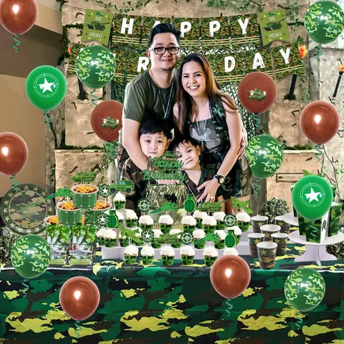 Miniatura 3 de Decoraciones de fiesta de cumpleaños de camuflaje para niños, niñas y adultos, pancarta de camuflaje de feliz cumpleaños, mantel, globos de látex