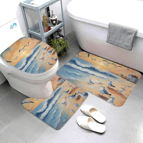 Miniatura 3 de Juego de alfombras de baño antideslizantes de 3 piezas, lujosas alfombras de franela súper suaves, súper absorbentes, antideslizantes, gaviotas