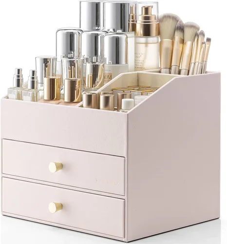 Organizador de maquillaje Vlando, organizador para el cuidado de la piel para tocador, organizador de maquillaje de PU con cajones, estuche de