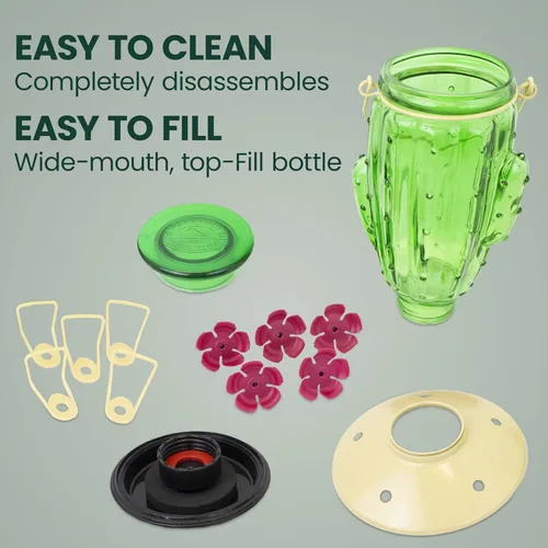 Miniatura 5 de Perky-Pet Comedero para colibríes de vidrio con relleno superior de cactus con protectores de abeja integrados y perchas extraíbles, capacidad