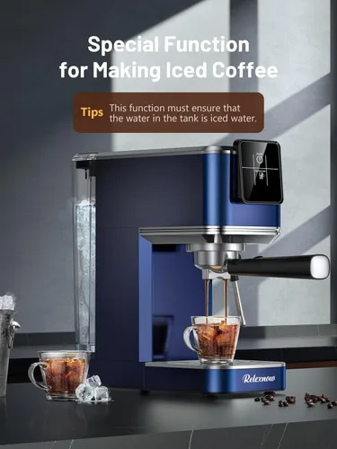Miniatura 5 de RELEXNOW Máquina de café expreso, 20 bares, espumador de leche y panel LCD, máquina de café caliente y helado, máquina de café espresso de acero Azul