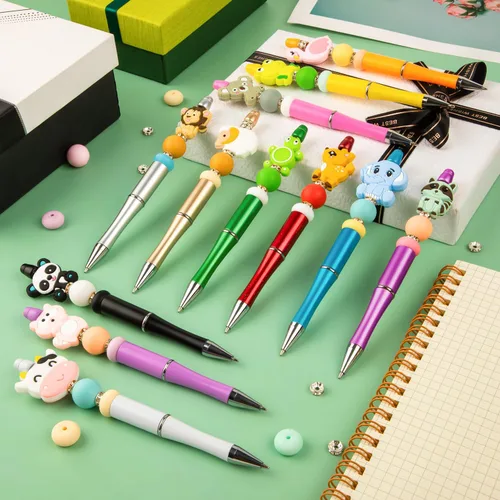 Miniatura 2 de 12 piezas de bolígrafos de plástico con cuentas, bolígrafos con cuentas de silicona de animales, cuentas espaciadoras de cristal, bolígrafos de bola