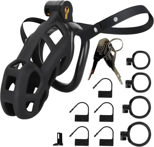 Miniatura 13 de Jaula de castidad masculina Astini con cinturón elástico y candado invisible - 4 anillos Diseño ligero de ajuste cómodo para uso a largo plazo, Negro