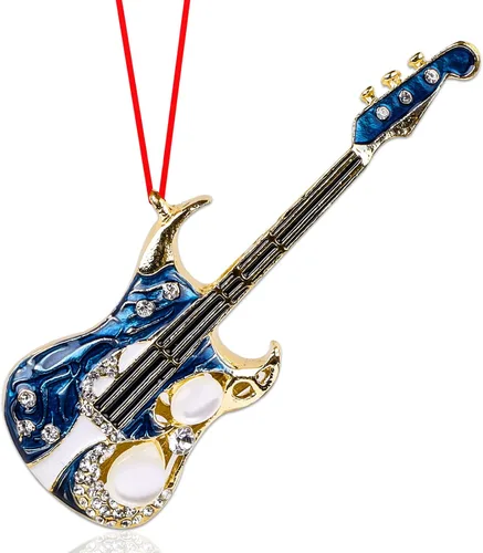 D4DREAM Adorno de Navidad de guitarra, adornos colgantes de guitarra de metal para decoración de árbol de Navidad, guitarras eléctricas azules,