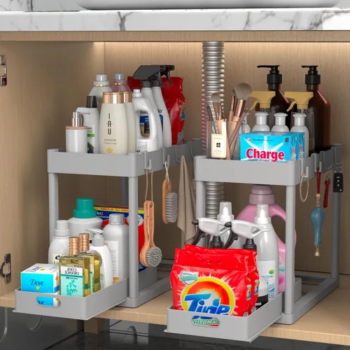 Miniatura 10 de Paquete de 2 organizadores de almacenamiento extraíbles, organizador para debajo del fregadero y almacenamiento para baño y cocina, organizadores