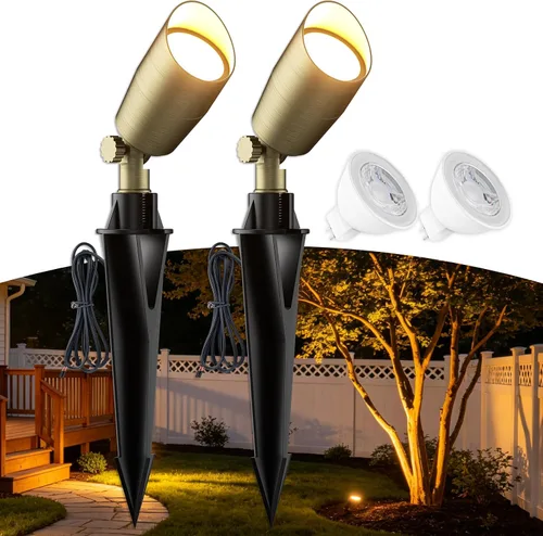 Miniatura 10 de Luz de paisaje de latón de bajo voltaje, foco sólido para exteriores con bombilla LED MR16 reemplazable de 5 W, 2700 K blanco cálido, iluminación
