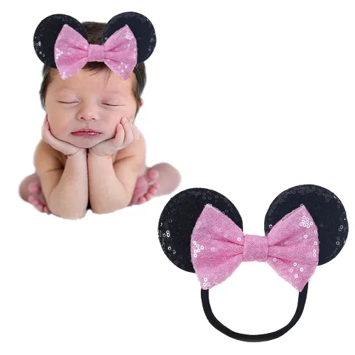 Diadema de orejas de ratón con lazo de lentejuelas, banda elástica suave para el pelo, diadema de fiesta para bebés, niñas recién nacidas, niños